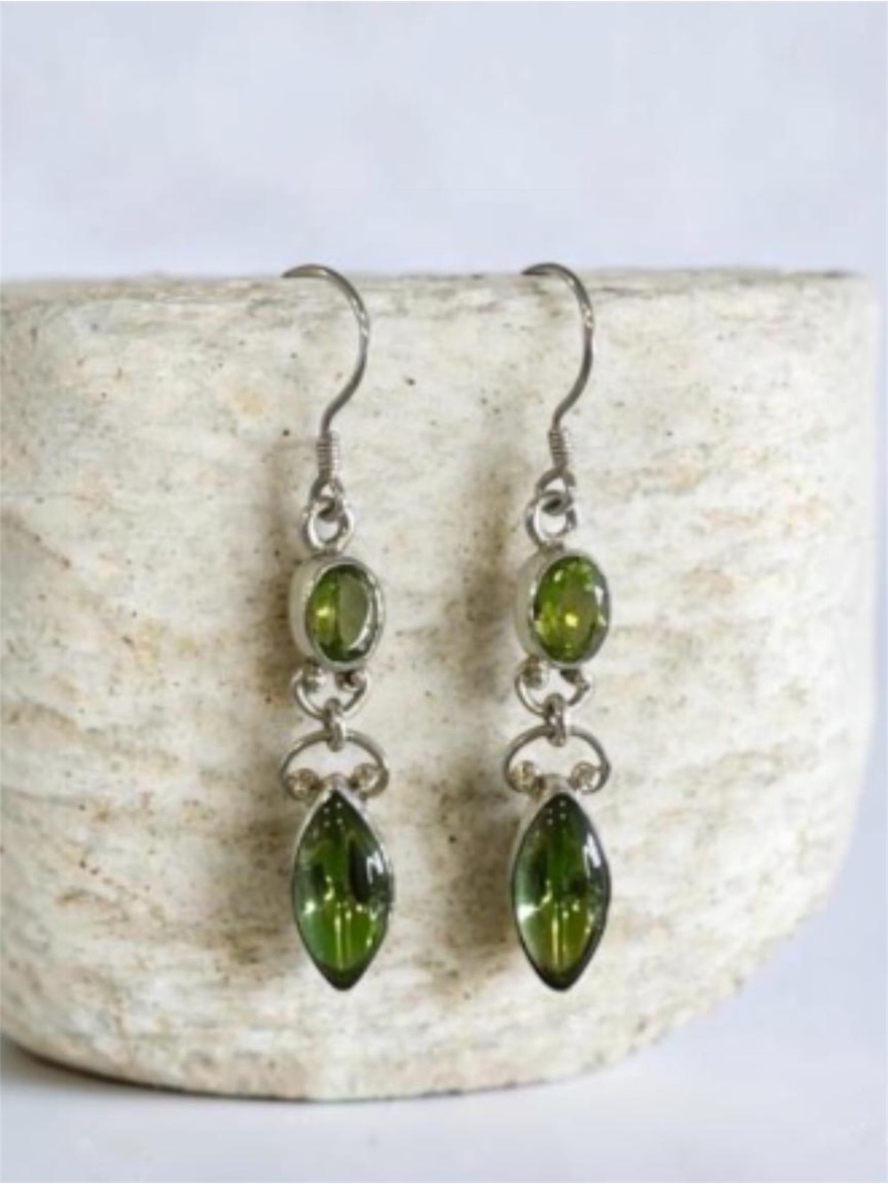 Sterling Silver Green Glass Dangle Earrings